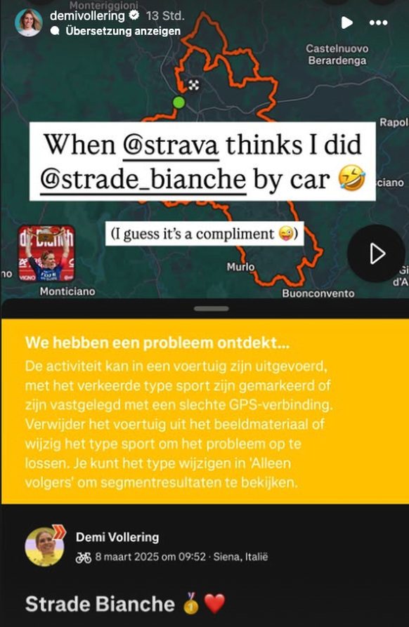 Demi Vollering bei Strade Bianche: Strava glaubt, ihre Fahrt sei mit dem Auto aufgezeichnet worden
