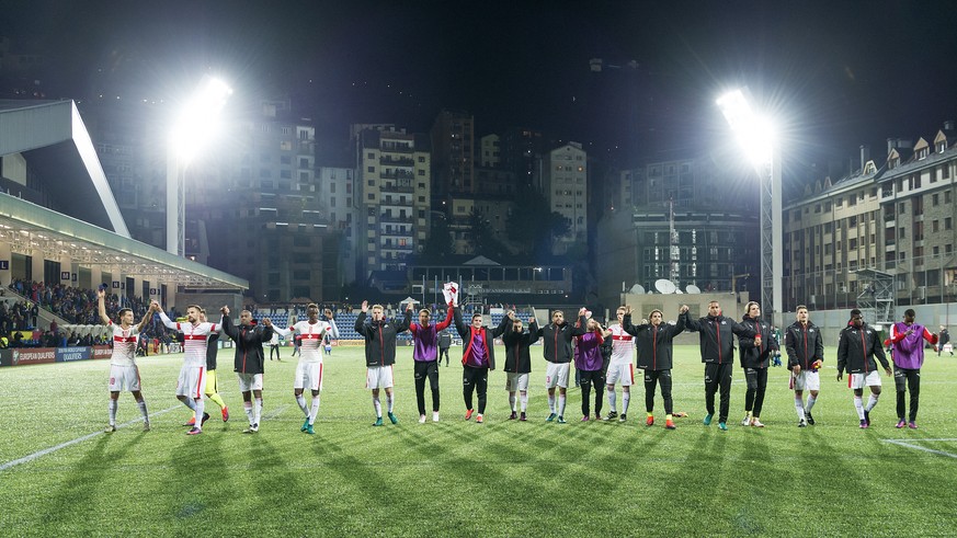 Switzeerland&#039;s players thank the fans after the 2018 Fifa World Cup Russia group B qualification soccer match between Andorra and Switzerland in the Estadi Nacional in Andorra La Vella, Andorra,  ...