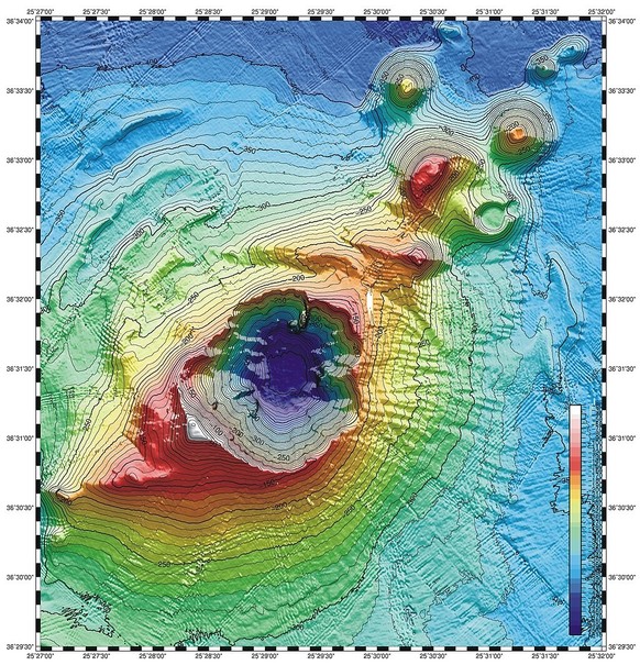 Grafik des Unterwasserkraters des Kolumbos-Vulkans nach Daten der NOAA-Expedition 2006