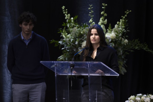 Maria Albrecht speaks during the official commemorative ceremony and the national day of mourning following the deadly fire at the "Le Constellation" bar in Crans-Montana at the Martigny Exp ...