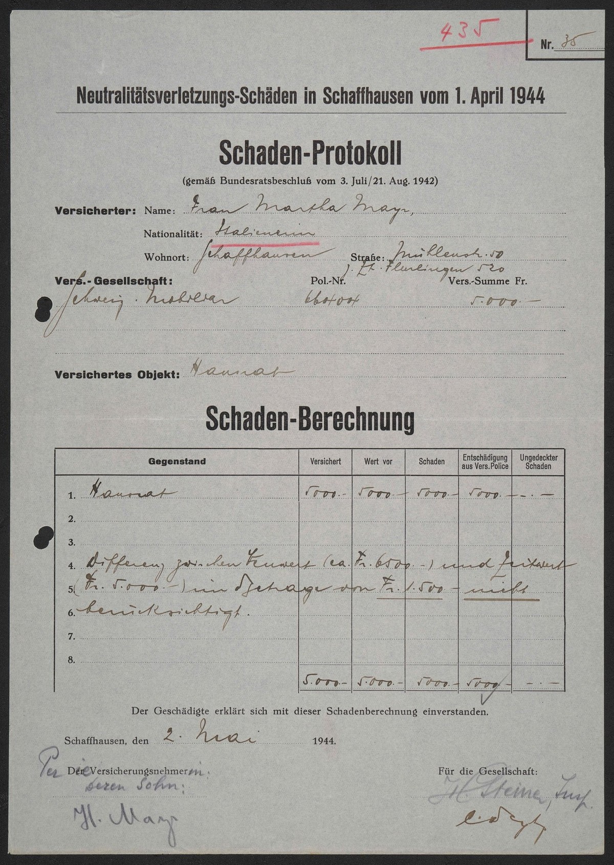 Schadenprotokoll der Bombenschäden in Schaffhausen.