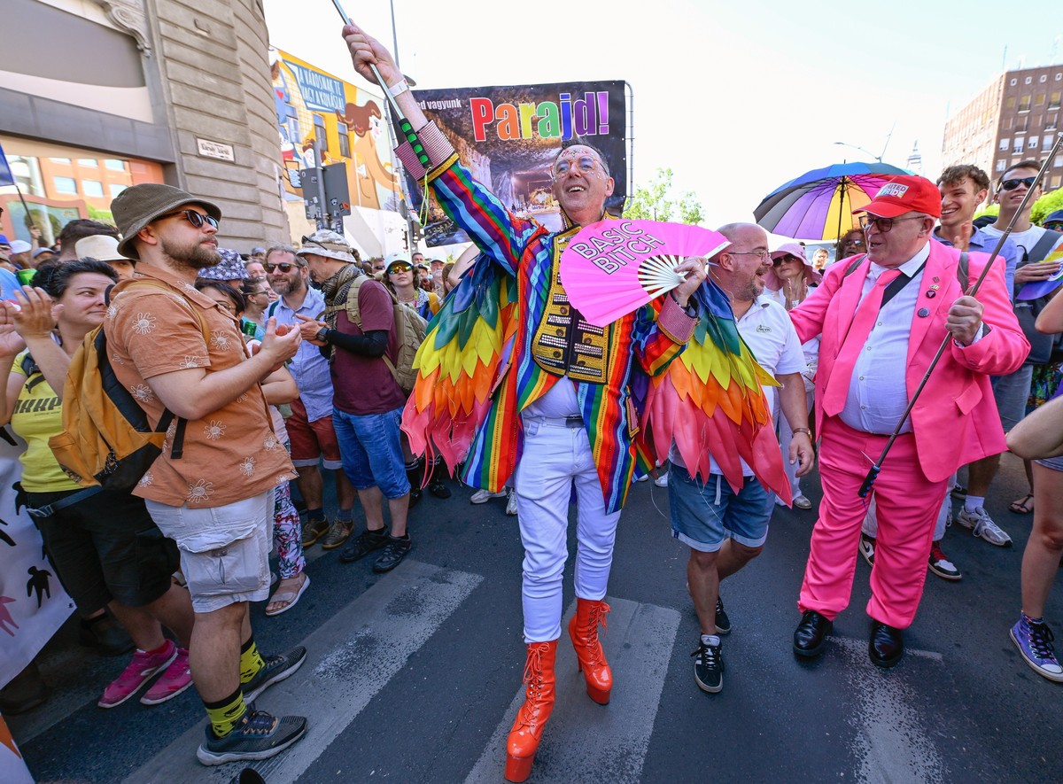 epa12202985 Participants attend the Budapest Pride march in Budapest, Hungary, 28 June 2025. Thousands of people gathered at the Pride march despite a law passed earlier this year banning Pride events ...