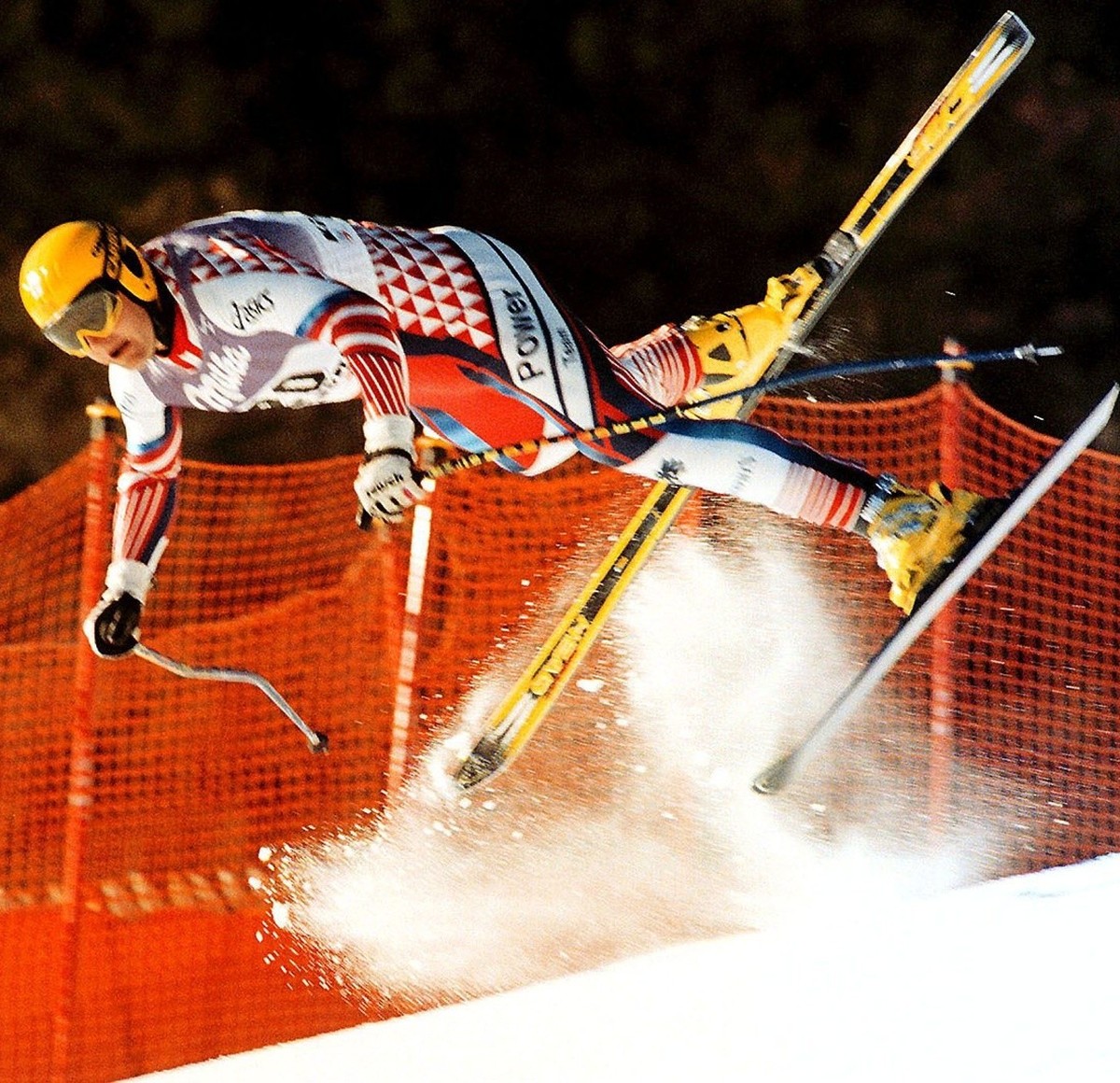 Austrian Patrick Ortlieb takes a high-speed, high-flying tumble during the final training at Kitzbuhel Thursday January 21, 1999, ahead of tomorrow's Men's World Cup Downhill event and suffe ...
