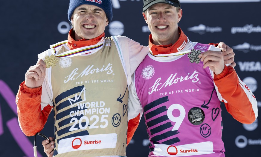 epa11999524 Gold medalist Noe Roth of Switzerland, left, and bronze medalist Pirmin Werner of Switzerland pose during the Aerials competition at the FIS Snowboard, Freestyle and Freeski World Champion ...