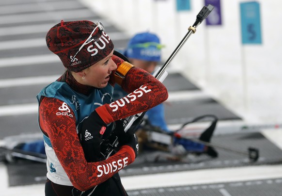 epa06510956 Selina Gasparin of Switzerland at the shooting range during the Women&#039;s Biathlon 7,5 km Sprint race at the Alpensia Biathlon Centre during the PyeongChang 2018 Olympic Games, South Ko ...