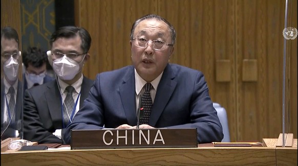 In this image made from UNTV video, China&#039;s Ambassador to the United Nations Zhang Jun speaks during an emergency U.N. Security Council meeting on Ukraine, at the U.N. headquarters, Monday, Feb.  ...