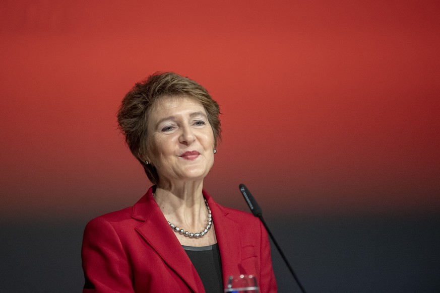 Bundesrtin Simonetta Sommaruga bei ihrer Rede anlaesslich der Delegiertenversammlung der SP Schweiz vom Samstag, 2. Maerz 2019 in Goldau. (KEYSTONE/Urs Flueeler)