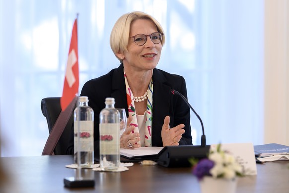 epa09499385 Swiss State Secretary Livia Leu speaks during a strategic partnership dialogue Switzerland - US between Swiss State Secretary Livia Leu and Wendy R. Sherman, US Deputy Secretary of State, ...