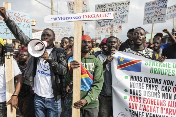Goma residents join in a protest called by the civil society against the United Nations mission to the Democratic Republic of Congo and the current conflict between government forces and M23 rebels, i ...