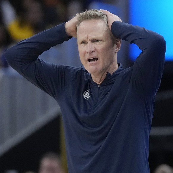 Golden State Warriors head coach Steve Kerr reacts from the sideline during the second half of an NBA basketball game against the Houston Rockets in San Francisco, Monday, Nov. 20, 2023. (AP Photo/Jef ...