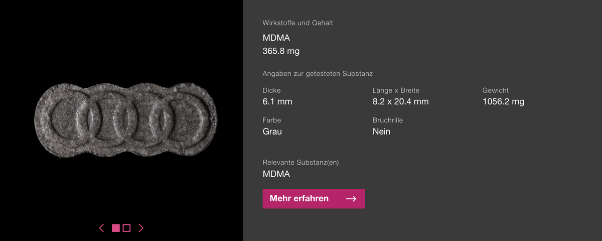 Saferparty warnt auch für der hochdosierten MDMA-Pille Audi.