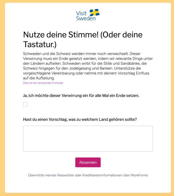 Was gehört zu Schweden, was zur Schweiz? Mit diesem Formular aus einer schwedischen Tourismus-Werbekampagne, soll das geklärt werden. 24. Oktober 2023.