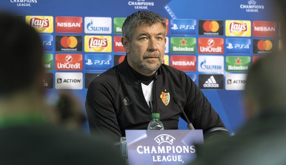 epa05642527 Basel coach Urs Fischer speaks during a press conference at Vassil Levski Stadium in Sofia, Bulgaria, 22 November 2016. PFC Ludogorets Razgrad will play against Paris Saint-Germain in UEFA ...