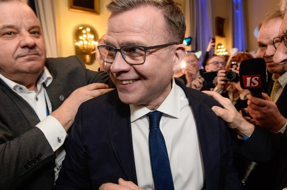 epa10556240 Leader of the National Coalition Party, Petteri Orpo during the Finnish parliamentary election day in Helsinki, Finland, 02 April 2023. The National Coalition Party claimed victory after a ...