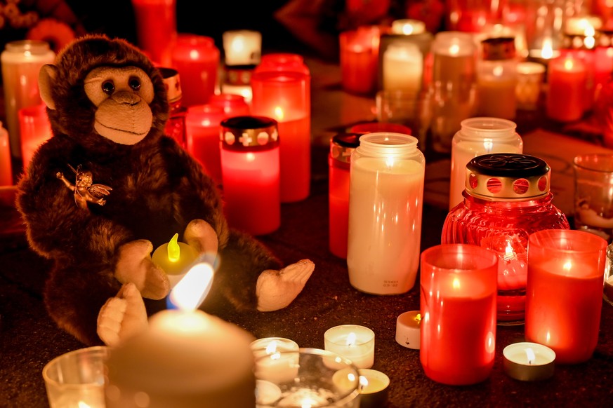 epa08098348 Candles and soft toys are placed at the entrance outside of the zoo in Krefeld, Germany, late evening 01 January 2020. All animals, in total more than 30, died during the fire at the Krefe ...