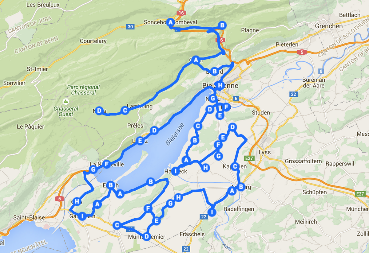 Die ungefähre Strecke der heutigen Etappe von Sonceboz-Sombeval nach Biel.