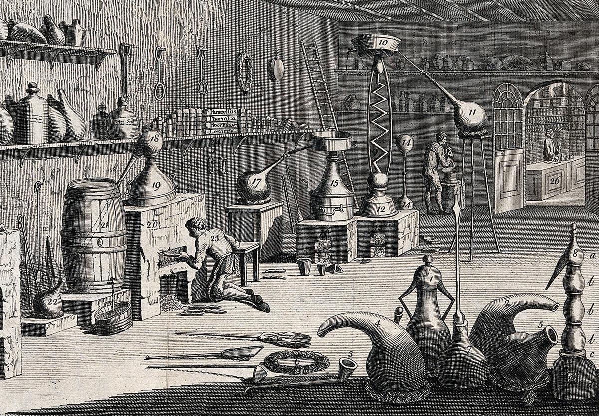 So könnte es im Labor von Paracelsus und seinem Vater ausgesehen haben: Pharmazeutisches Labor im hinteren Teil eines Ladens.
https://commons.wikimedia.org/wiki/File:Interior_of_a_pharmaceutical_labor ...