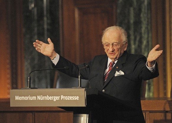 FILE - Benjamin Ferencz, Romanian-born American lawyer and chief prosecutor of the Nuremberg war crimes trials, speaks during an opening ceremony for the exhibition commemorating the Nuremberg war cri ...