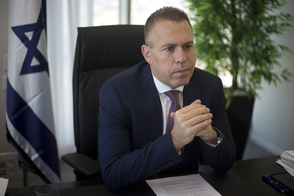 Israeli Public Security Minister Gilad Erdan speaks during an interview with The Associated Press in his office in Bnei Brak, east Tel Aviv, Thursday, Oct. 26, 2017. Erdan told The Associated Press Th ...