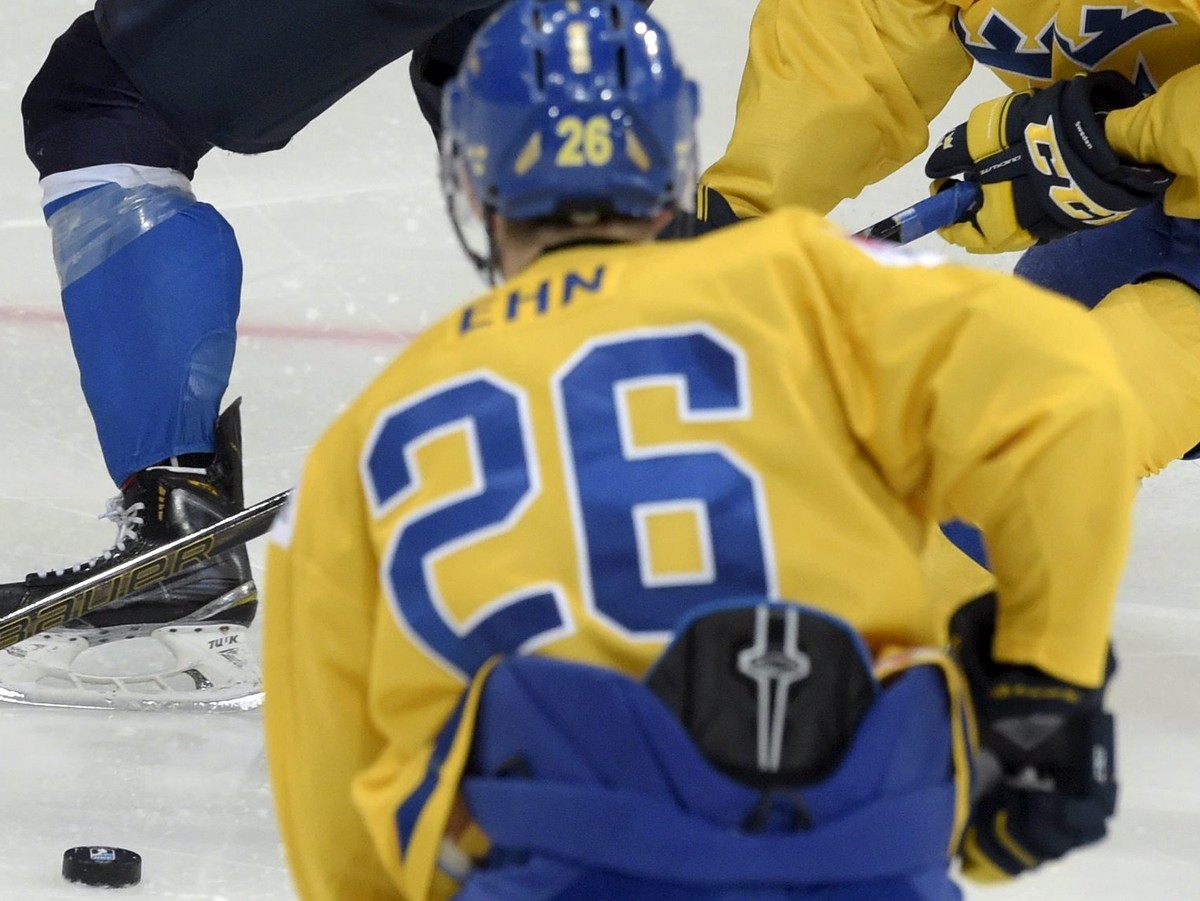 Finland's Antti Kalapudas (C) is surrounded by Sweden's Gustav Forsling (L), Christoffer Ehn (26) and Jens Looke during their 2016 IIHF World Junior Ice Hockey Championship semifinal match b ...