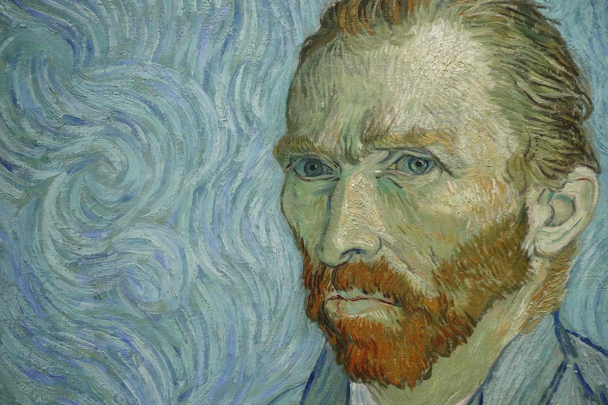 Circular brush strokes are seen in a detail from the oil painting "Portrait de l'Artiste", September 1889, a self-portrait by Vincent van Gogh during press day for the exhibition, &quot ...
