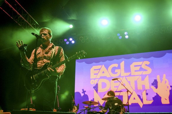 Jesse Hughes of the rock band Eagles of Death Metal performs with drummer Joey Castillo (R) at Festival Supreme at Shrine Auditorium in Los Angeles, California in this October 25, 2014 file photo. The ...