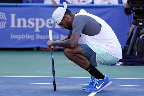 epa10110932 Nick Kyrgios of Australia reacts after winning his men&#039;s singles final match against Yoshihito Nishioka of Japan at the Citi Open ATP tennis tournament at the Rock Creek Park Tennis C ...