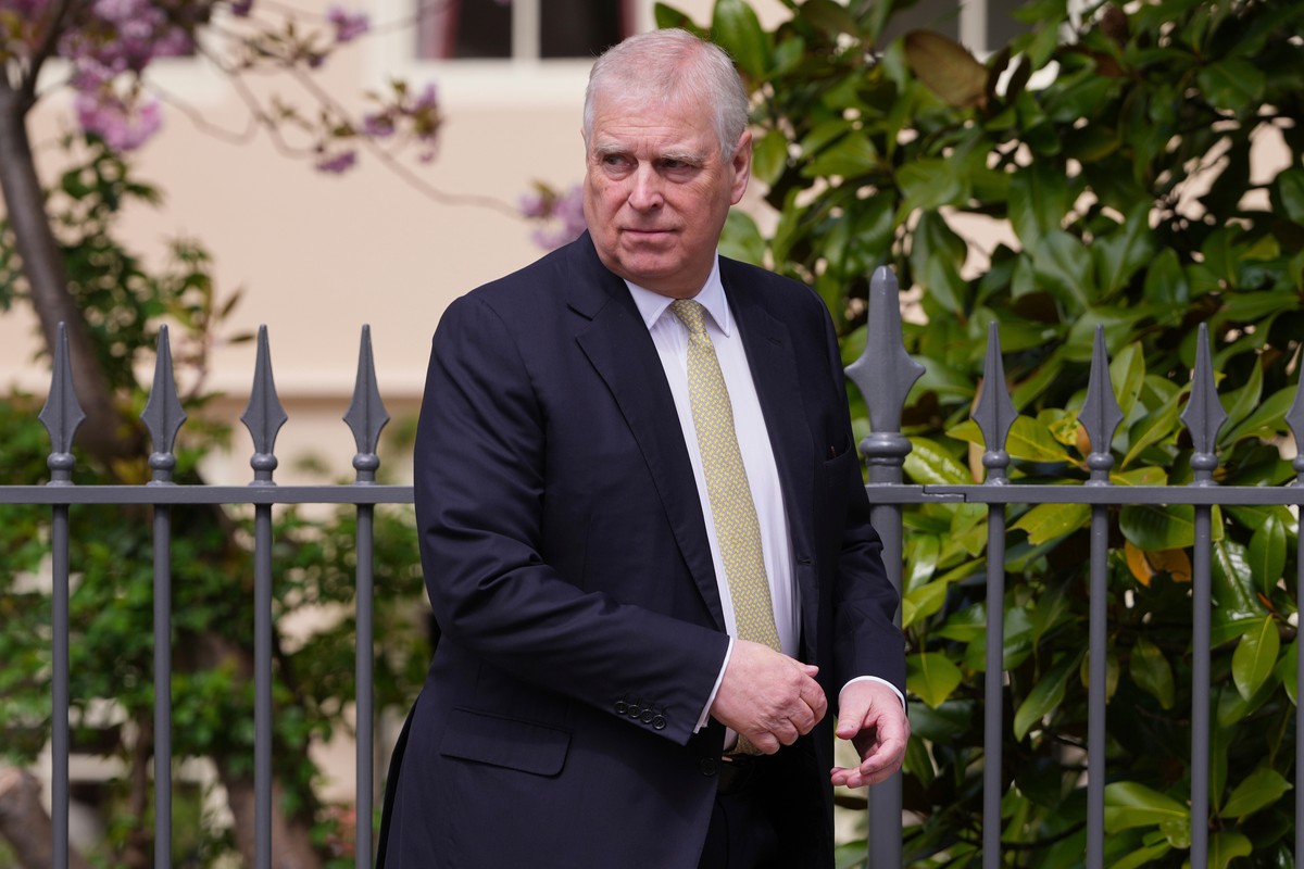 FILE - Britain's Andrew Mountbatten-Windsor, formerly known as Prince Andrew, looks round as he leaves after attending the Easter Matins Service at St. George's Chapel, Windsor Castle, Engla ...