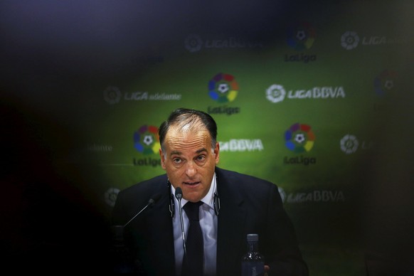 Spain&#039;s professional football league (LFP) president Javier Tebas reacts during a news conference in Madrid, Spain, May 11, 2015. Spain&#039;s professional football league (LFP) has taken legal s ...