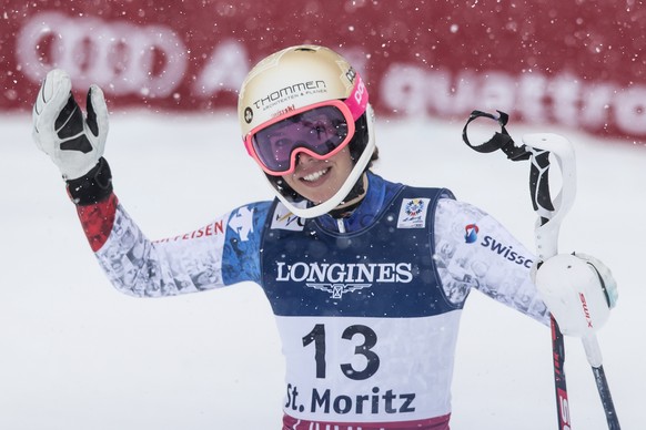 Michelle Gisin of Switzerland reacts in the finish area during the women&#039;s combined slalom race at the 2017 Alpine Skiing World Championships in St. Moritz, Switzerland, Friday, Feb. 10, 2017. (P ...