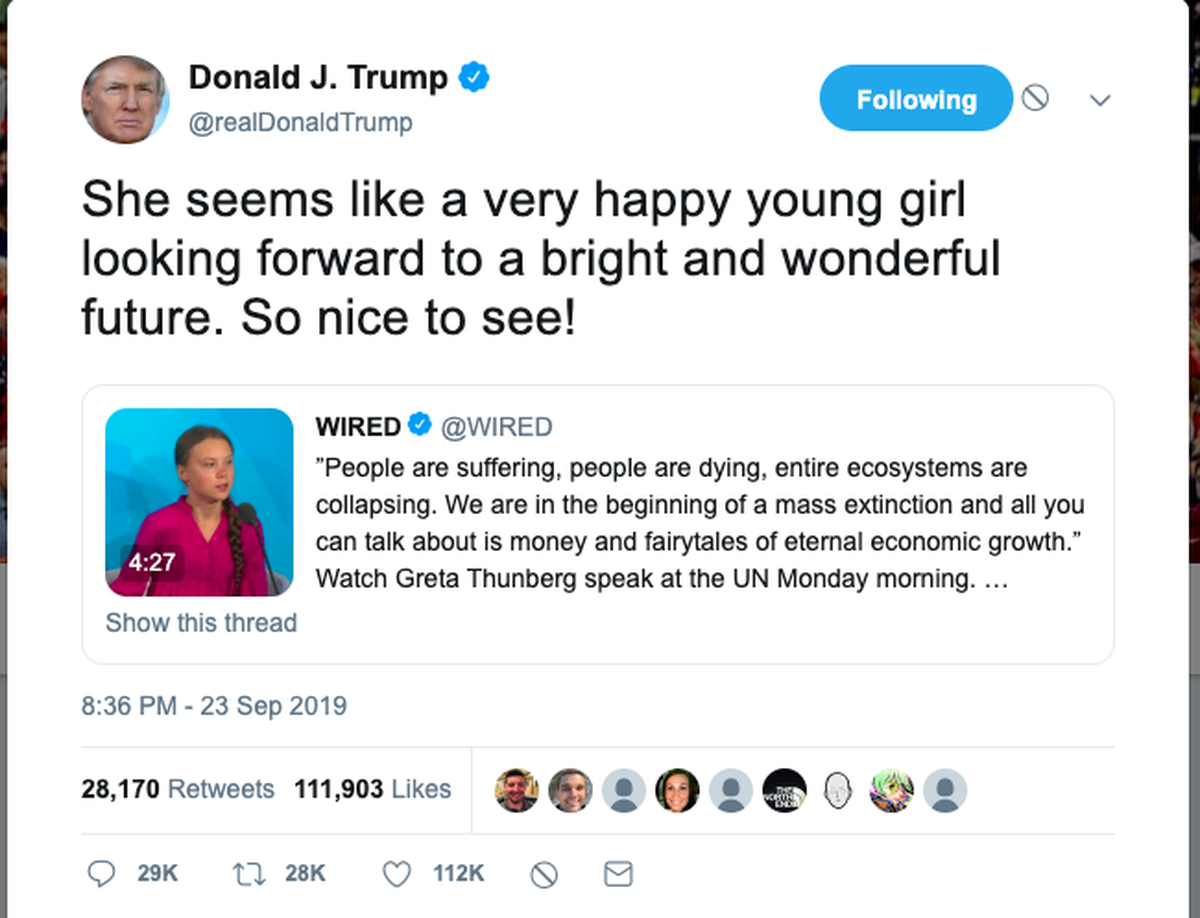 Immer wieder äusserte sich Trump bissig und ironisch zu Thunbergs Umweltplänen.