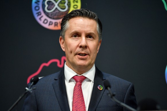 epa10496192 Australian Minister for Health and Aged Care Mark Butler speaks to the media during a press conference during a Sydney WorldPride 2023 Human Rights Conference, in Sydney, Australia, 01 Mar ...