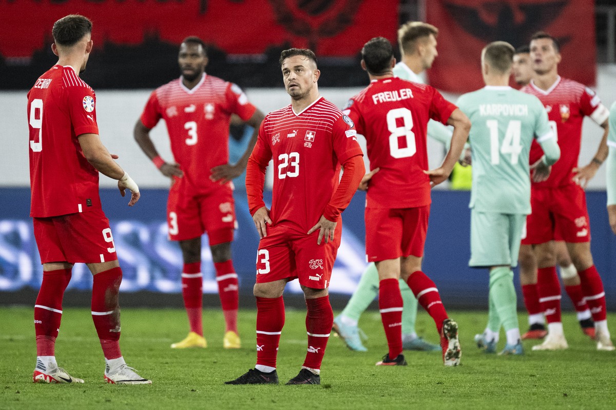 Switzerland's midfielder Xherdan Shaqiri reacts after the UEFA Euro 2024 qualifying group I soccer match between Switzerland and Belarus, on Sunday, October 15, 2023, at the Kybunpark stadium in  ...