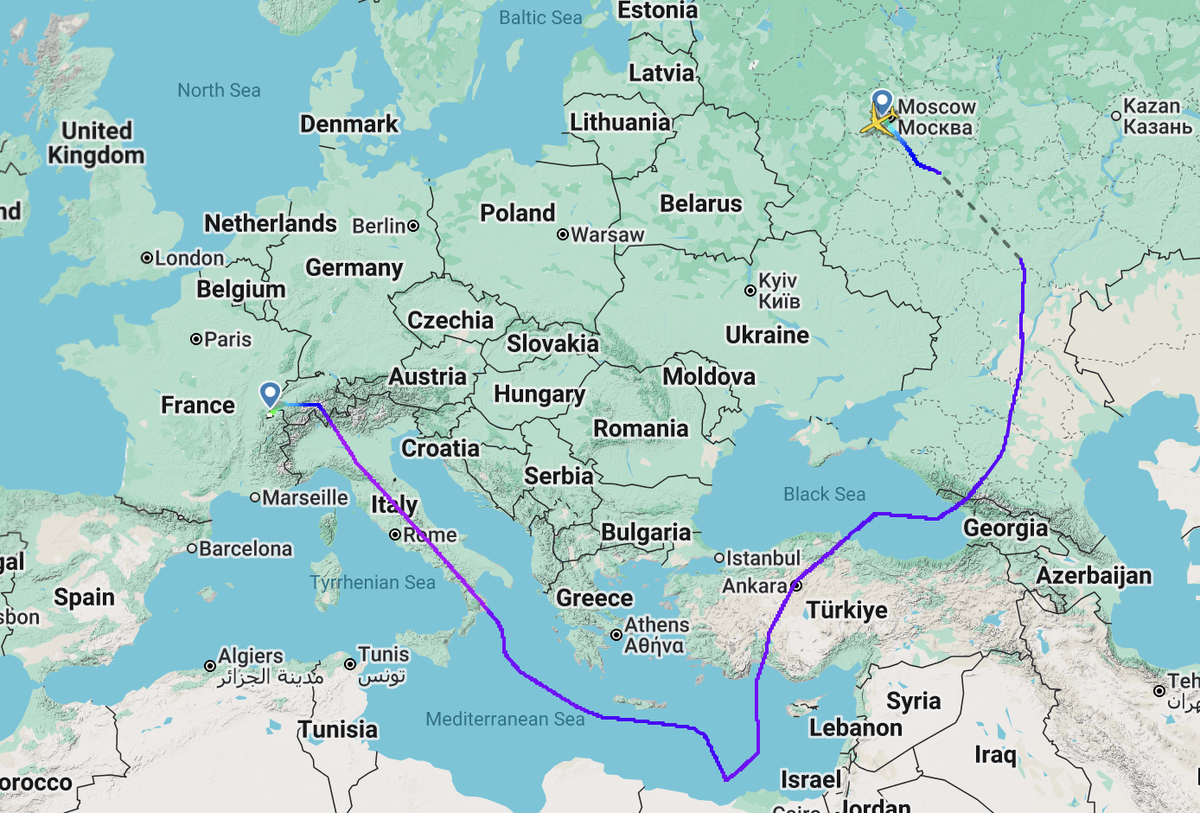 Ein direkter Flug von Moskau nach Genf hätte halb so lange gedauert.