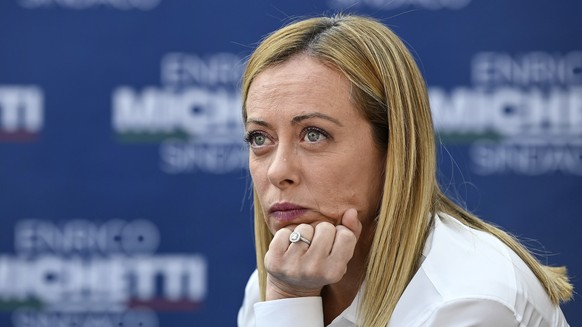 epa09499636 Leader of Fratelli d&#039;Italia party Giorgia Meloni during a press conference on the closing of the mayoral election campaign of the candidate Enrico Michetti in Rome, Italy, 01 October  ...