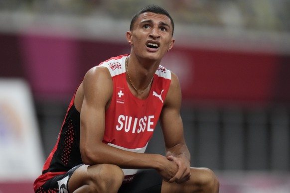 Ricky Petrucciani, of Switzerland, reacts after his semifinal of the men&#039;s 400-meters at the 2020 Summer Olympics, Monday, Aug. 2, 2021, in Tokyo. (AP Photo/Petr David Josek)