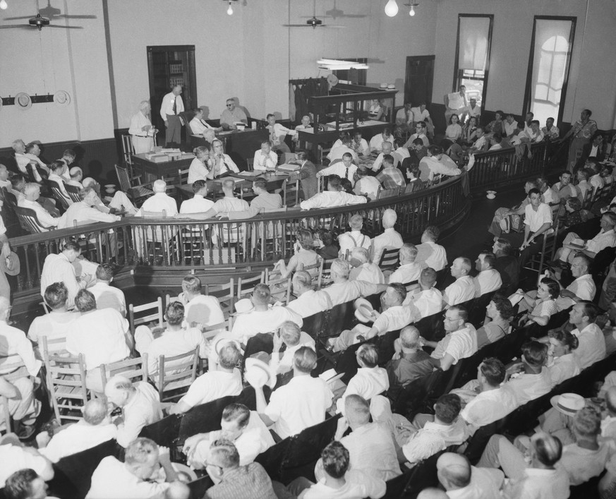 Interior view of the segregated seating in the packed Tallahatchie County Courthouse during the trial of J W Milam and Roy Bryant who were accused of the murder of Emmett Till, Sumner, Mississippi, Se ...