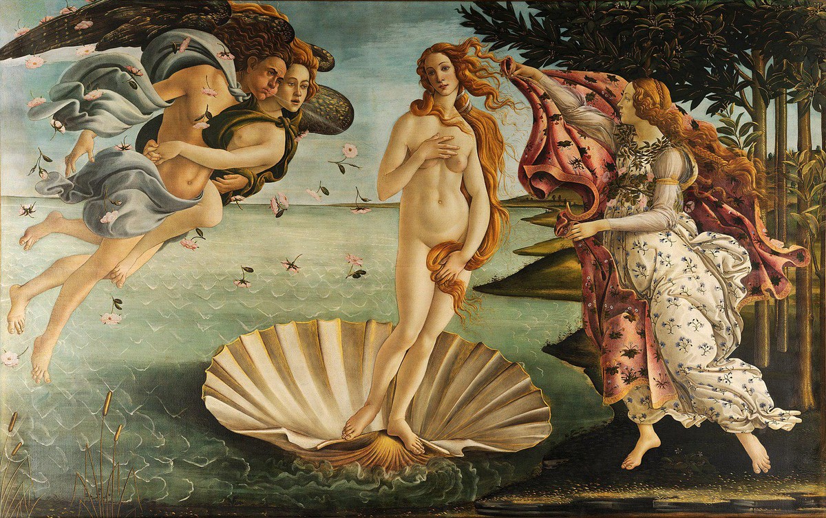Sandro Botticelli, The Birth of Venus (c. 1484–1486). Tempera on canvas. 172.5 cm × 278.9 cm (67.9 in × 109.6 in). Uffizi, Florence