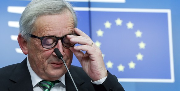 epa07229982 European Commission President Jean-Claude Juncker gives a press conference at the end of first day at the European Council in Brussels, Belgium, late 13 December 2018. During their two day ...