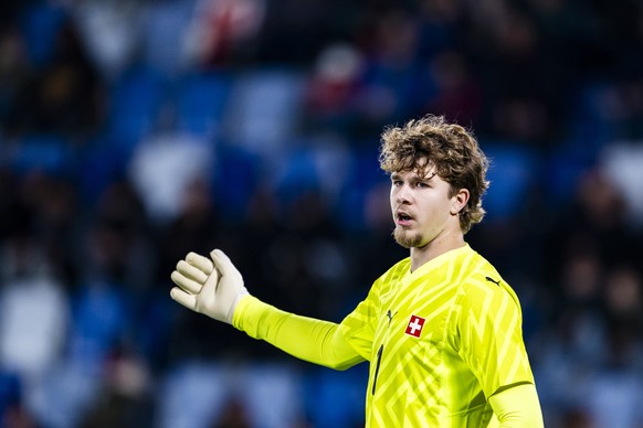 Switzerland's goalkeeper Silas Huber reacts during the UEFA European Under-21 Championship 2027 Qualifying Group C soccer match between Switzerland and France, at the stade de la Tuiliere stadium ...