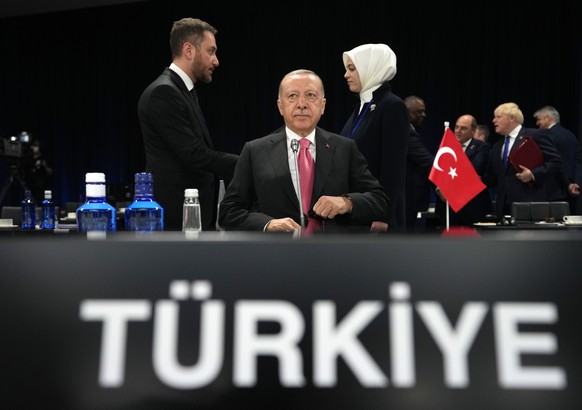 Turkish President Recep Tayyip Erdogan attends a round table meeting at a NATO summit in Madrid, Spain on Wednesday, June 29, 2022. North Atlantic Treaty Organization heads of state meet for a NATO su ...