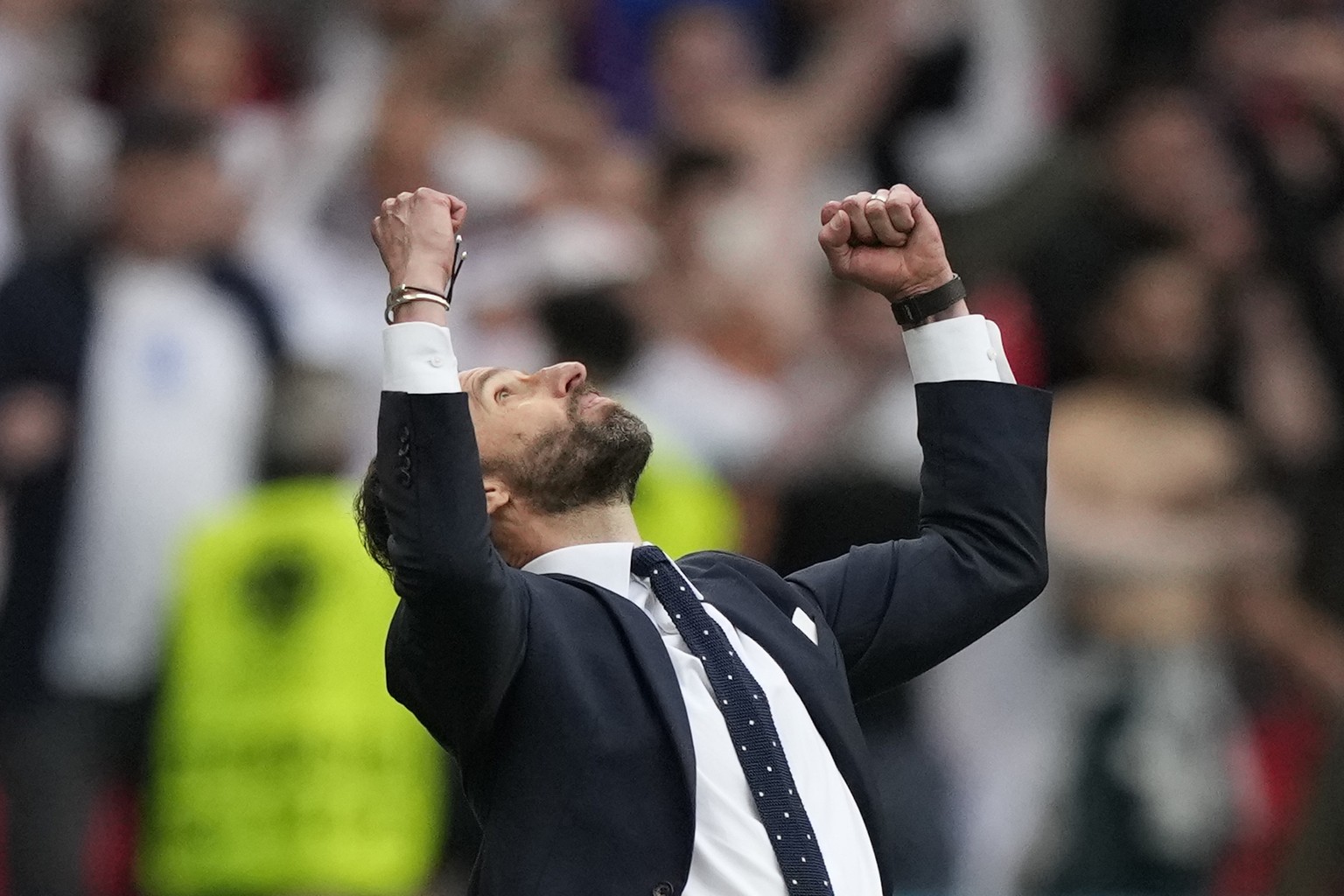 England&#039;s manager Gareth Southgate reacts at the end of the Euro 2020 soccer championship round of 16 match between England and Germany at Wembley stadium in London, Tuesday, June 29, 2021. Engla ...