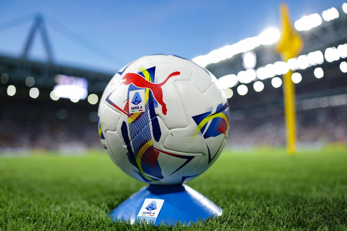 Turin, Italy, 19th August 2024. A Puma Orbita Official Serie A 2024 2025 matchball sits on a training cone rpelacing ballyboys around the premiter of the pitch following the Lega Serie As decision to  ...