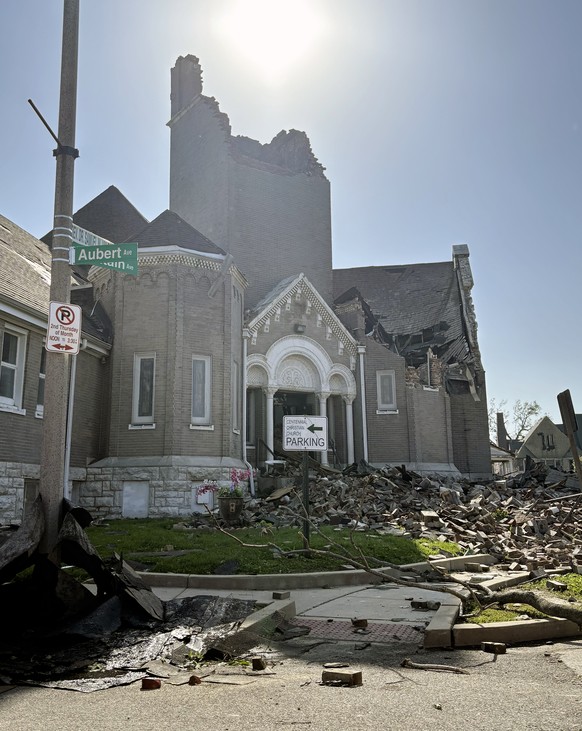 Part of Centennial Christian Church in St. Louis, Missouri, collapsed on Friday, May 16, 2025 when severe storms, including a possible tornado, swept through the city. (AP Photo/Michael Phillis)
Sever ...
