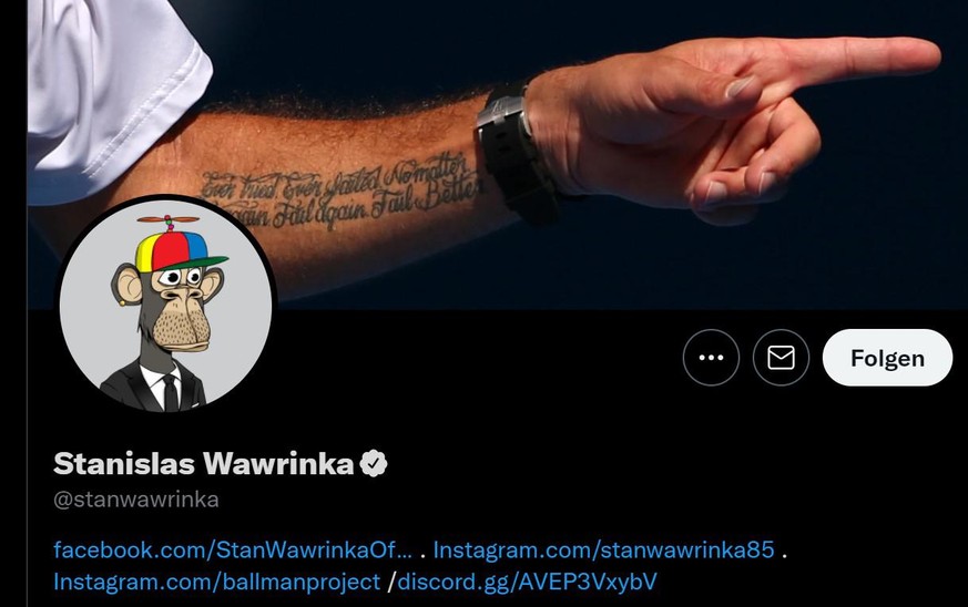 Stans Twitterprofil, sein Finger und sein Affe. Wawrinka ist selbst Gründer des NFT-Projekts Ballmanproject.
