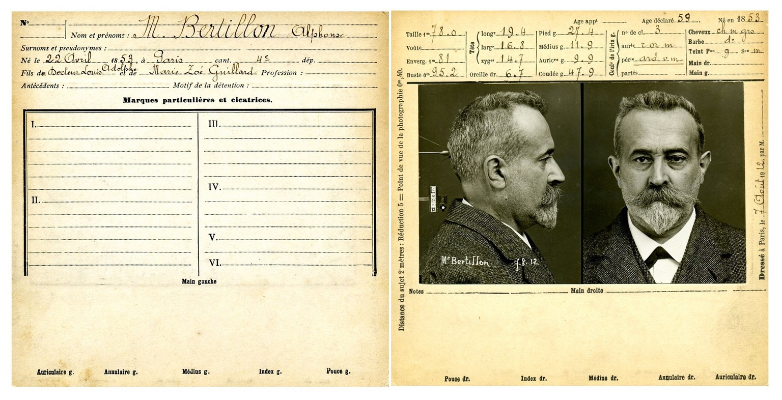 Anthropometrisches Datenblatt (beidseitig) von Alphonse Bertillon (1853-1914), Pionier der wissenschaftlichen Polizei, Erfinder der Anthropometrie, erster Leiter des kriminaltechnischen Identifizierun ...
