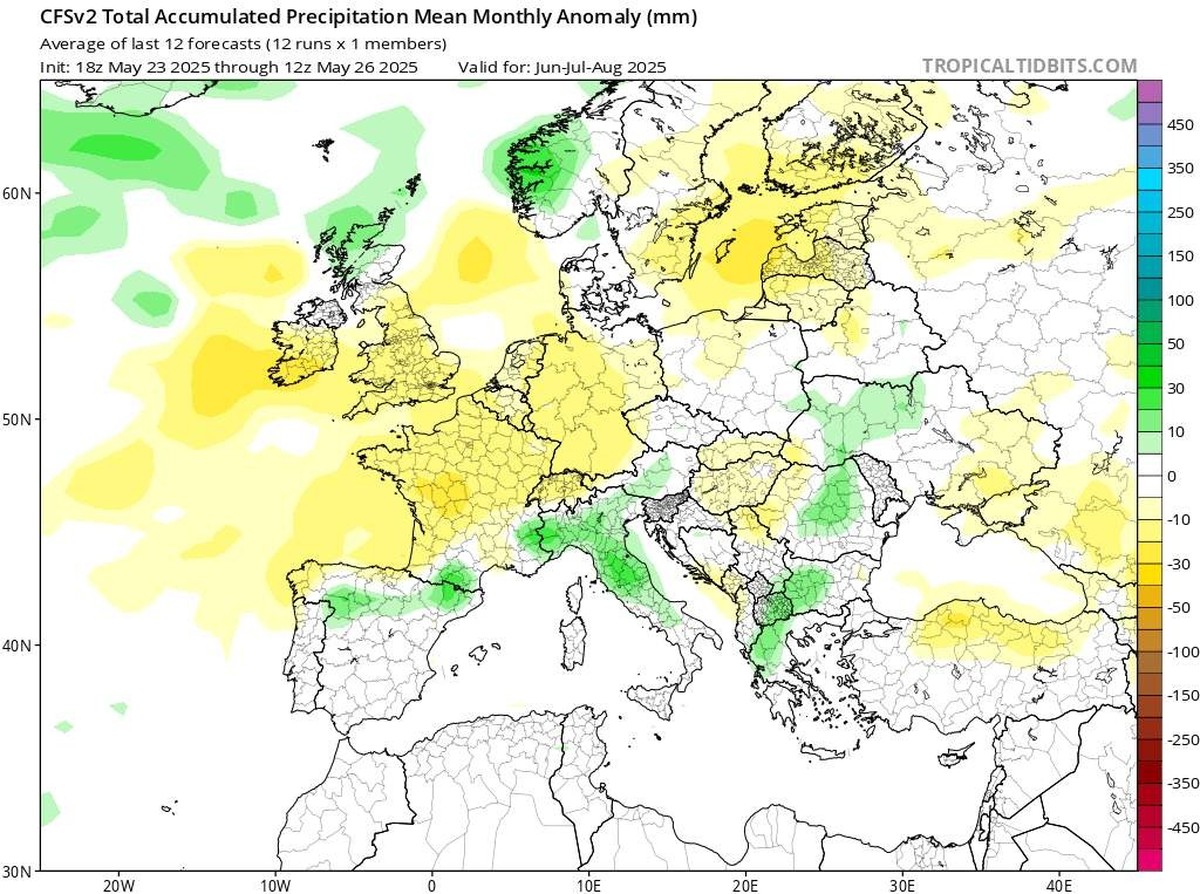 bweichung des Niederschlags gegenüber dem langjährigen Mittel in Europa für die Monate Juni, Juli und August (CFSv2, NOAA)