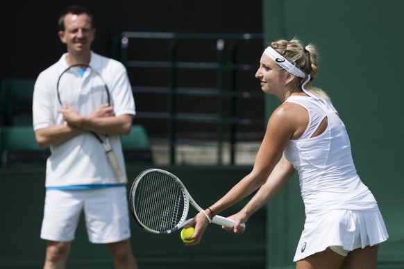 Timea Bacsinszky of Switzerland in action during a training session at the All England Lawn Tennis Championships in Wimbledon, London, Friday, June 30, 2017. The Wimbledon Championships 2017 will be h ...