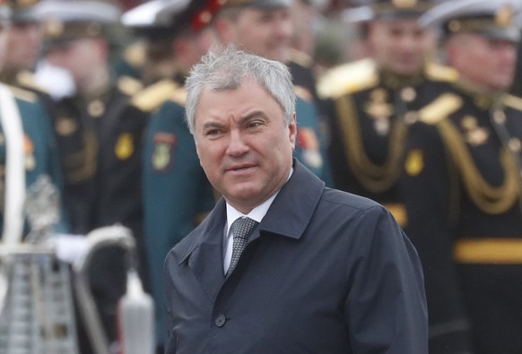 epa09187141 Russian State Duma Speaker Vyacheslav Volodin arrives to watch the Victory Day military parade in the Red Square in Moscow, Russia, 09 May 2021. The Victory Day military parade annually ta ...