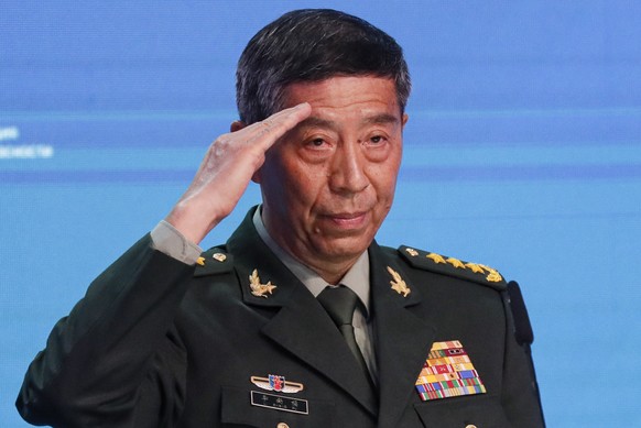 epa10801248 Chinese Defense Minister Li Shangfu delivers his speech during a session of the 11th Moscow Conference on International Security (MCIS) during the International Military-Technical Forum Army-2...